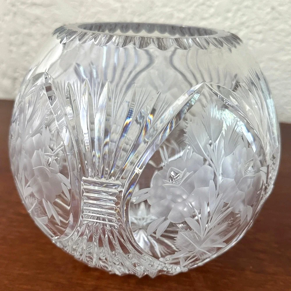 Crystal Frosted Floral Etched Cut Glass Clear Rose Bowl Vase Vintage Cottagecore